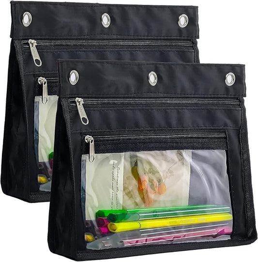 YoeeJob 2 Pack Expandable Pencil Pouches for 3 Ring Binders, Black | 1-inch expansion, 2 clear PVC pockets, 3 holes, large-capacity storage for school and office supplies.