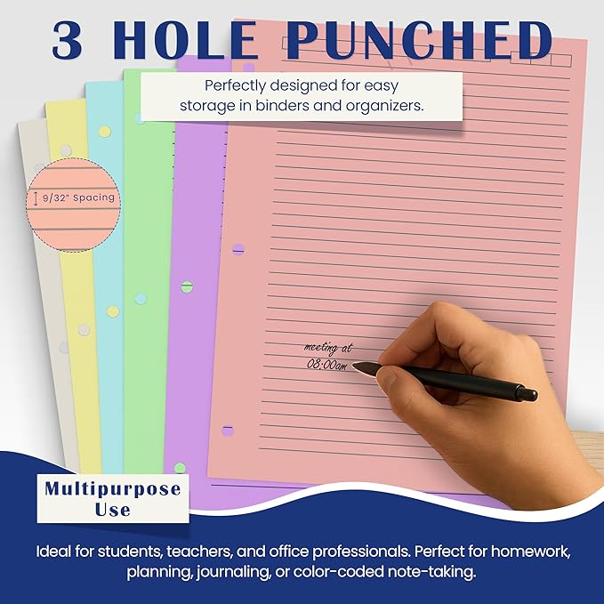 Colored Filler Paper – 8.5” x 11” College Ruled, 120 Sheets (6 Colors), 3-Hole Punched – Loose Leaf Refill for Binders, School, Planning & Journaling