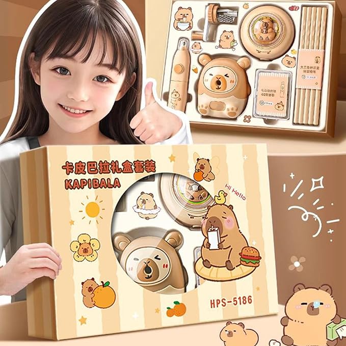 Capybara Stationery Set, Kids Stationery Kit, Colorful School Supplies for Students, Electric Eraser Pencils, Animal Pencil Sharpener, Homeschool Classroom for Elementary and Middle School