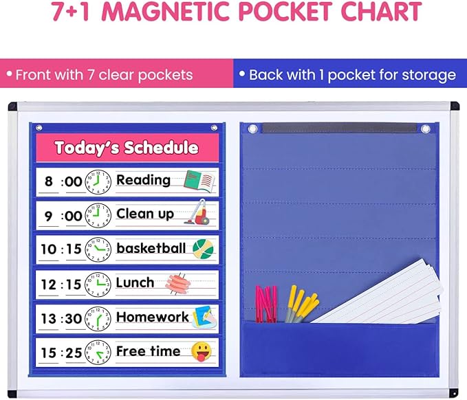 Auchq Magnetic Pocket Chart,Standard Pocket Chart with 7+1 Pockets,14 Double-Sided Dry-Eraser Cards for Daily Schedule,Class Demonstrations,Classroom Office Home Activities (Blue)