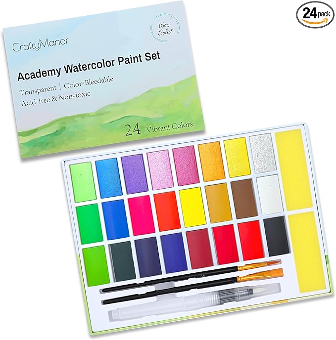 24 Colors Large Block Watercolor Paint Set for Watercolors Workbook, Portable Water Colors Paint Kit with 2 Paintbrushes 1 Waterbrush, for Painting Beginners & Professional Amateur Hobbyists