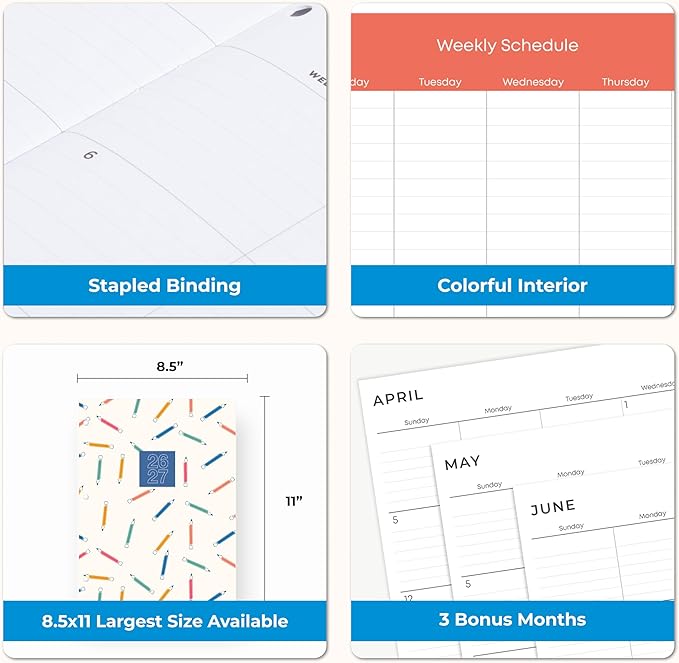 Blue Sky 2026-2027 Monthly Academic Year Teacher Planner Calendar, July 2026 - June 2027, 8.5" x 11", Coated Paper Cover, Stapled Binding, Rainbow Pencils