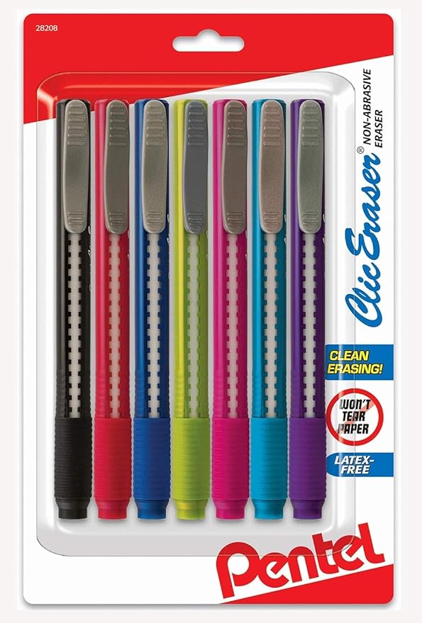 Pentel Clic Retractable Eraser, Assorted Colored Pen Style Grip Erasers, Pack of 7
