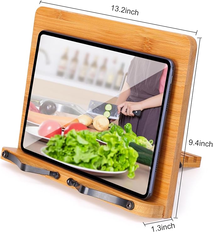 MEGREZ Book Stand for Reading (13.2 x 9.4 inch) Bamboo Cookbook Stand Holder for Kitchen, Adjustable Book Holder Stand for Tablet/Textbook Holder/Hollow Bookrest Stand, Bow