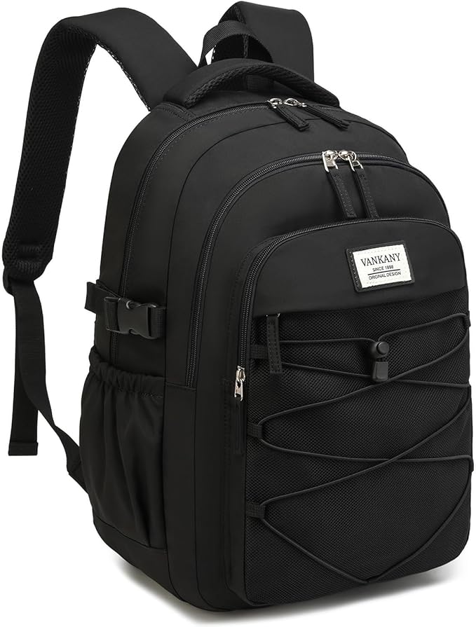 Black Backpack for Teens, Girls School Bookbag Aesthetic 17.3in Laptop Backpack for Commuter Women Students Middle High School, Black