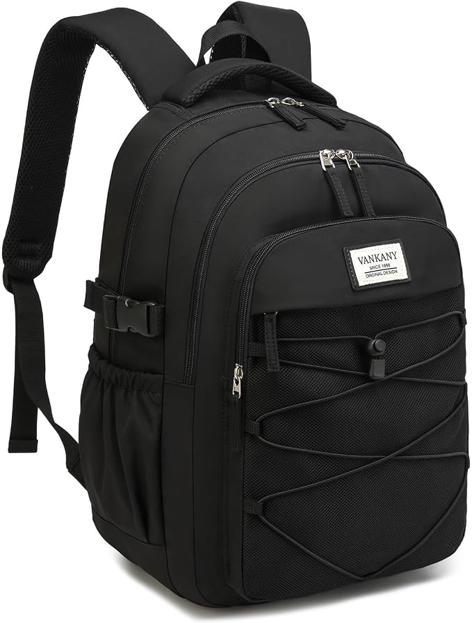 Black Backpack for Teens, Girls School Bookbag Aesthetic 15.6in Laptop Backpack for Commuter Women Students Middle High School, Black