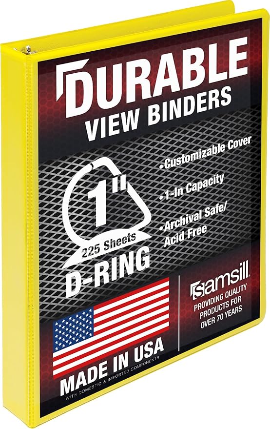 Samsill Durable 1 inch 3 Ring Binder, D Ring Binder, 100% Recycled Chipboard, Yellow