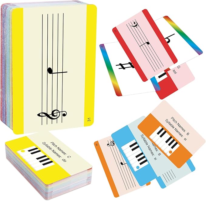 Music Flash Cards, 54 Piano Note Theory Flash Cards - Staff Notation, Pitch/Syllable Names, Keyboard Position, Flat/Sharp, Music Education Cards, Study Learning Tool for Beginners and Professionals