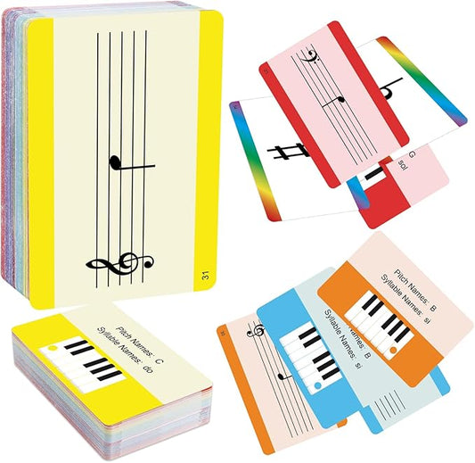 Music Flash Cards, 54 Piano Note Theory Flash Cards - Staff Notation, Pitch/Syllable Names, Keyboard Position, Flat/Sharp, Music Education Cards, Study Learning Tool for Beginners and Professionals