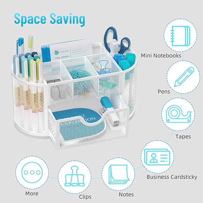 SUPEASY Mesh Desk Organizer, Desk Accessories & Workspace Organizers with Drawers, Pencil Holder for Desk with 9 Compartments for Office Supplies, School, Classroom, 8.6 x 4.3 x 4.1 Inch, White