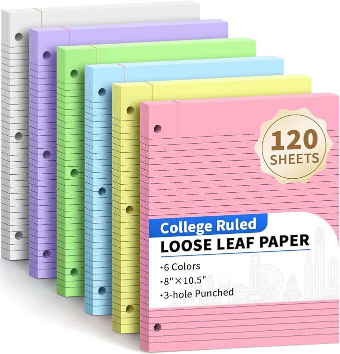 120Sheets College Ruled Lined Loose Leaf Paper, 6-Color Filler Binder Paper