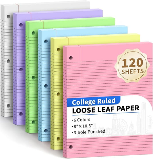 120Sheets College Ruled Lined Loose Leaf Paper, 6-Color Filler Binder Paper