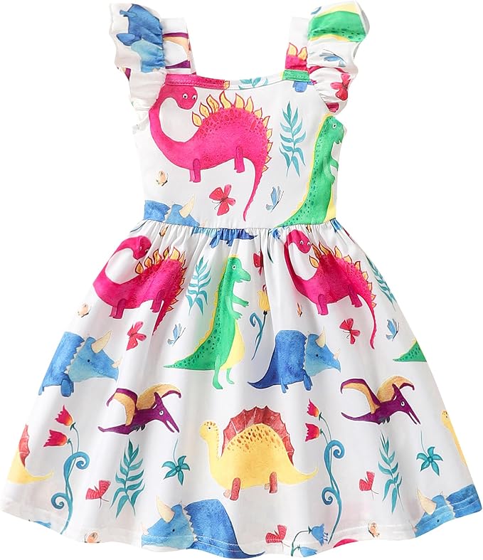 Popshion Girls Dresses Flutter Sleeve Swing Sundress Toddler Summer Clothes Kid Birthday Party Sleeveless Dress 1-8 Years Old