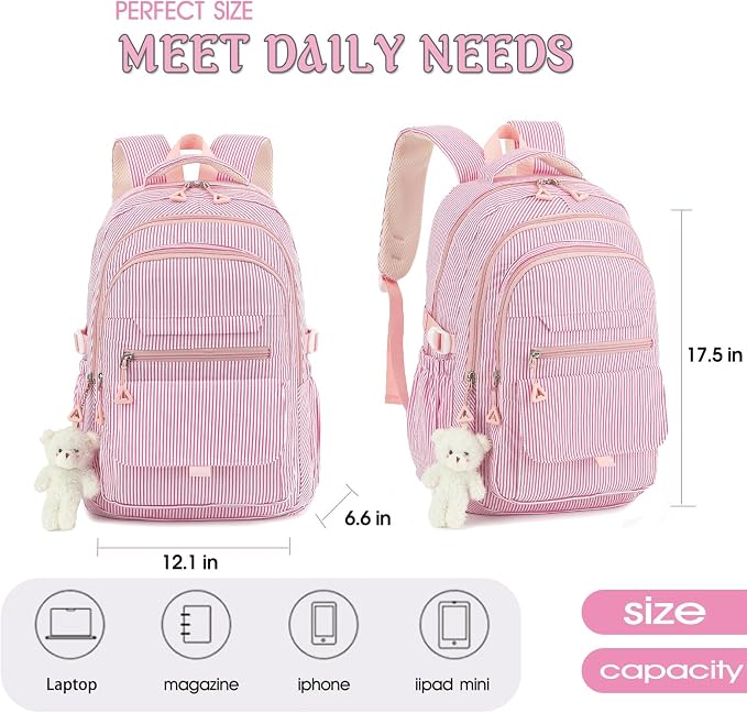 PRLINJSK Girls Backpack for College High Middle School Student, Cute Aesthetic Bookbag for Teens Women with Accessories