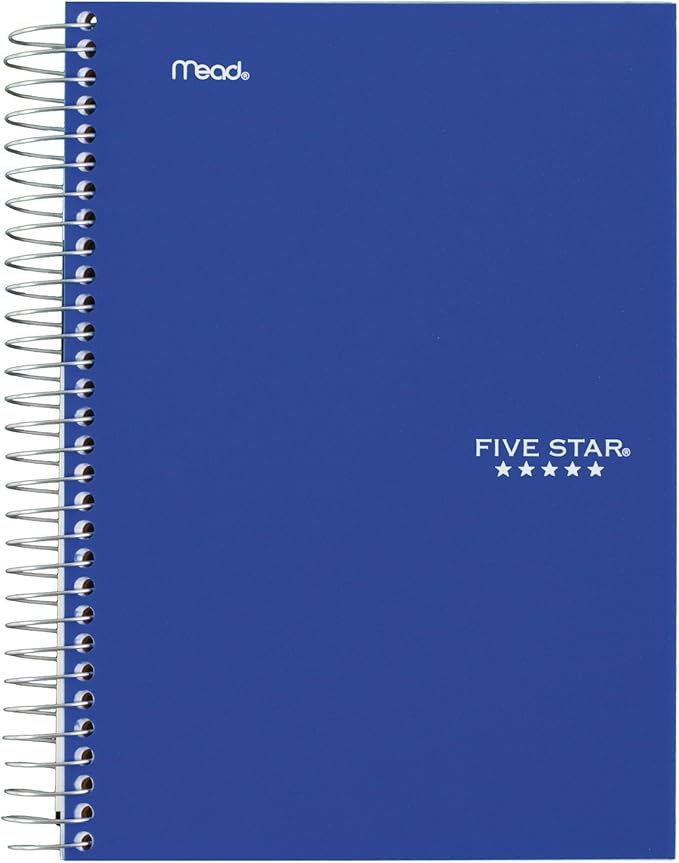 Five Star Spiral Notebook, 5 Subject, College Ruled Paper, 9-1/2" x 6", Blue (73659)