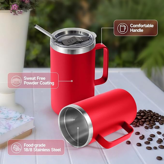 Volhoply 22oz Insulated Stainless Steel Coffee Mug with Leakproof Lid,Double Wall Vacuum Travel Coffee Cup with Handle,Reusable Metal Tumbler,Camping Mugs Keep Hot&Cold(Red,1)