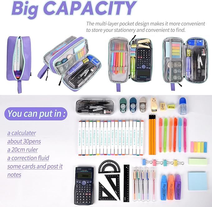 Genteen Large Capacity Pencil Case,Multifunction Pencil Pouch,Pencil Bags with Zipper 3 Compartments Pencil case organizer for or School Teen Girl Boy Men Women(Purple