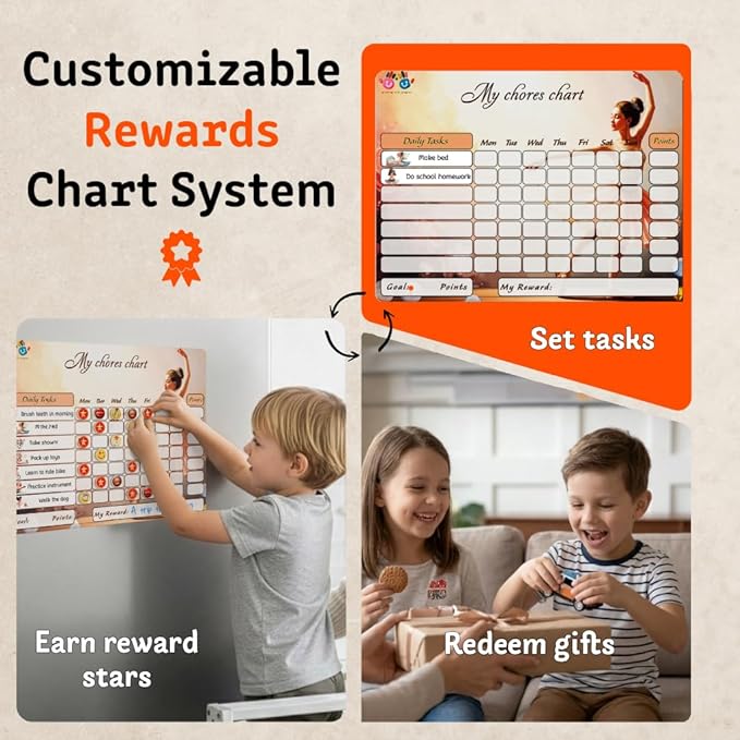 Mimi Doodle Magnetic Chore Chart for Kids – 16x12 Dry Erase Daily Responsibility Board for Fridge with 39 Chore tabs, 100 Reward Stickers – Behavior Chart for Kids at Home – Ballerina Theme
