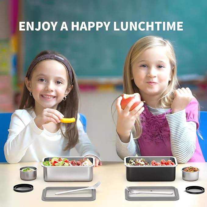 Bakpoco Stainless Steel Bento Box for Kid, 33oz Leak-Proof Lunch Box Containers with Adjustable Divider, Microwave-Safe, Metal Lunchbox for School Travel