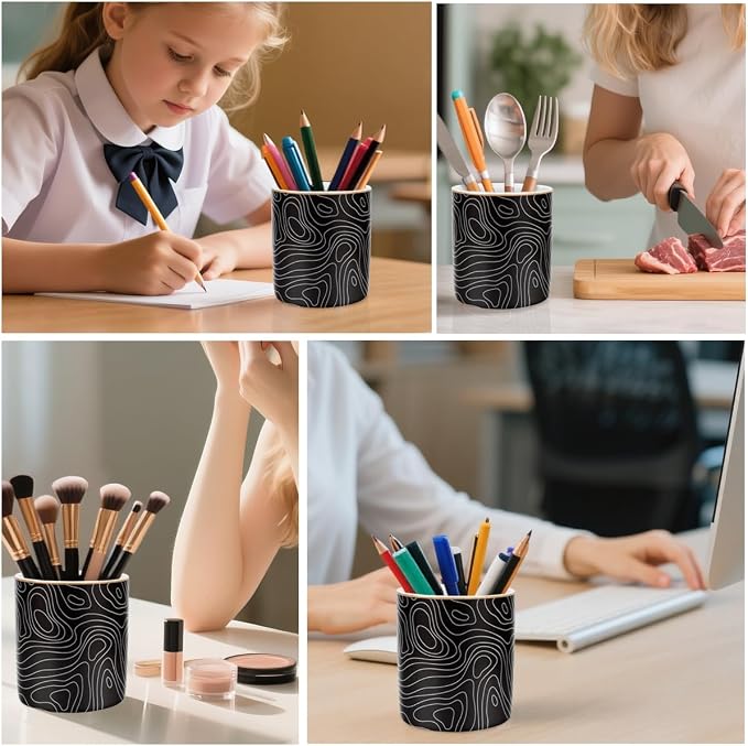 Large Capacity Pen Holder, Pencil Cup for Desk, Cute Makeup Brush Holder, Durable Ceramic Organizer Decor for College, Office, Classroom, Abstract Geometric Pattern