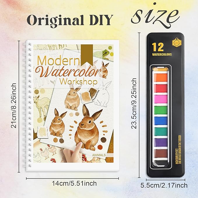 2Pcs Watercolor Workbook Beginner-Friendly Watercolor Workbook with Step by Step for Adults for Adults with 12 Colors Paint, Beginner Watercolor Painting Kit Watercolor Paper - Valentine's Day Gift