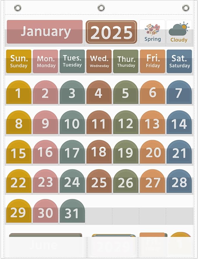 REGELETO Large White Calendar Pocket Chart with Boho 96 Cards for Classroom, Size:32.25 x 24.13 inch Monthly Calendar and Weather Pocket Chart for Students Learning for Home or School(White)