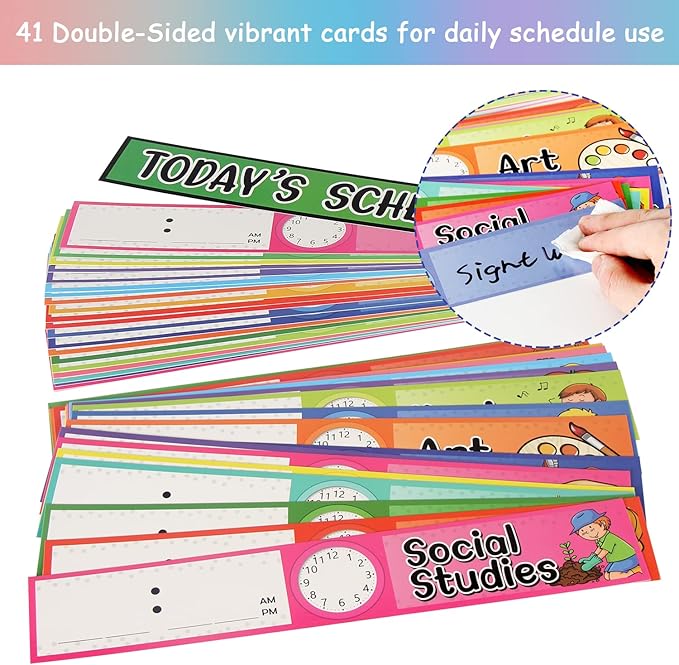 Daily Schedule Pocket Chart Kit,40 Bright Attractive Double-Sided Reusable Erasable Cards,1 Title Card,13+1 Scheduling Pocket Chart with 2 Hangers for Classroom Office Home Preschool Learning (Black)