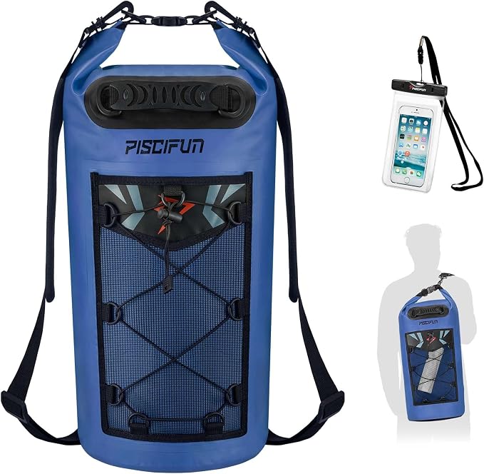 Piscifun Dry Bag, Waterproof Floating Backpack 10L/20L/30L/40L | Waterproof Phone Case, Adjustable shoulder straps, Roll-top closure keeps gear dry, Ideal for Boating, Kayaking, Fishing
