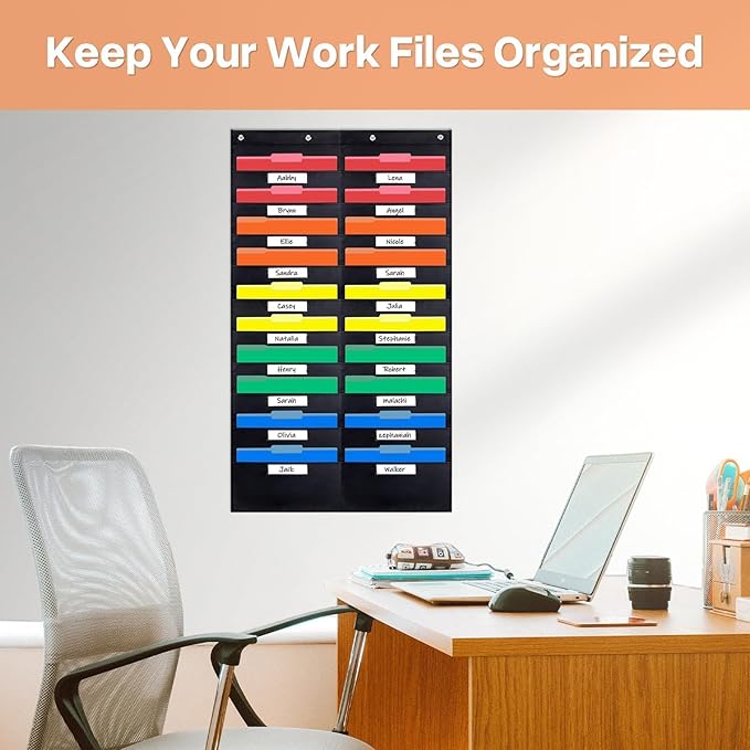 Opret 20 Pockets Storage Pocket Chart with 20 Nametag Pockets, Hanging Wall File Organizer for File Folders with 4 Hangers for Classroom, Office, School Mailbox Organizer and Home (Black)