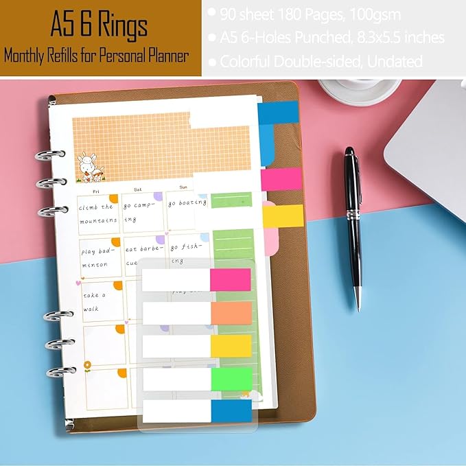 Rancco A5 Planner Inserts Monthly Planner Refills, 90 Pages Colorful 6-Ring Loose-leaf Monthly Binder Paper w/Divider, PVC Pouch, Ruler, Index Tab for Journal, Filofax, Double-sided, Undated,8.3x5.6"