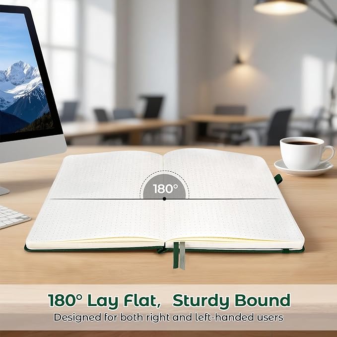 Dotted Journal, Hardcover Notebook, Dot Grid Notebook Journal for Women, Men, Large Leather Journals for Writing, Bullet, No Bleed Thick Paper, A5 Notebooks for Work, School, Notes, 5.7"x8.5", Green