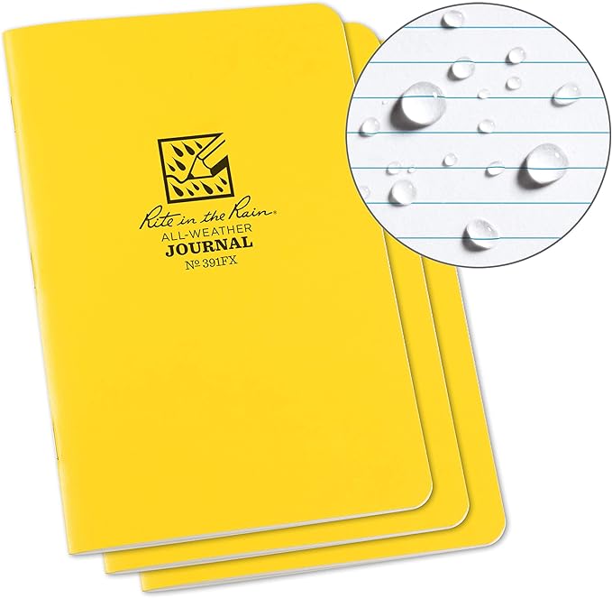 Rite in the Rain Weatherproof Stapled Notebook, 4.625" x 7", Yellow Cover, Journal Pattern, 3 Pack (No. 391FX)