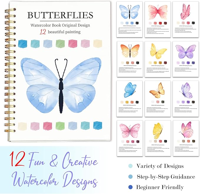 Easy Watercolor Workbook for Beginners - 12 Beautiful Step-by-Step Paintings Water Coloring Book, Includes 16 Colors Paints, Relaxing Art Projects and Creative Gift for Adults & Teen (Butterflies)