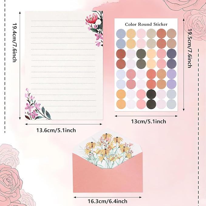 37 Pcs Stationery Paper Envelopes Set Includes 24 Lined Writing Paper & 12 Envelopes with 48 Round Stickers, Warm Floral Themed Letter Stationary Set for Wedding Invitations Wishes Flower(6 Style)