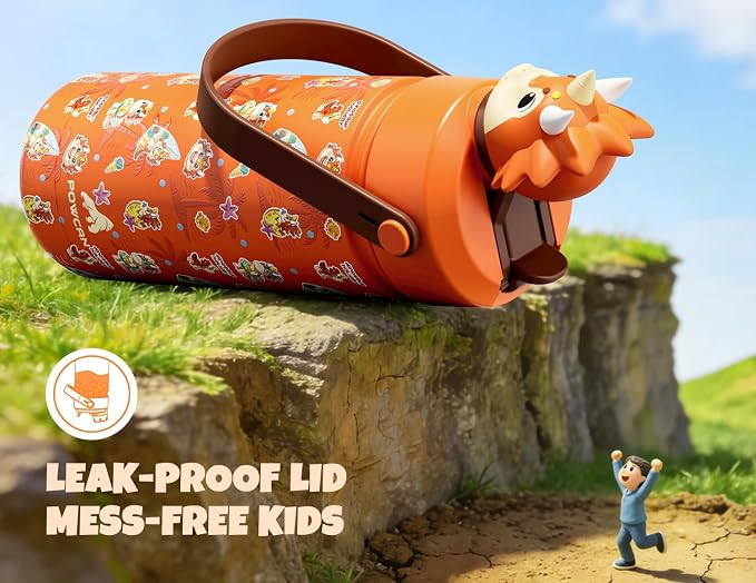 POWCAN 18 oz Kids Water Bottle Insulated: 2-in-1 Straw Spout Lid with Soft Animal Head, BPA-Free, Leakproof, Keep Cold 24H, Backpack Friendly, Stainless Steel Cup for School, Trip, Gift (Sunny Trike)