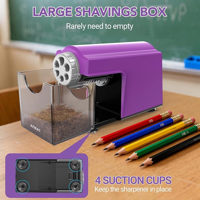 AFMAT Electric Pencil Sharpener for Classroom, 6 Holes, Cordless & Rechargeable, Super Fast, Auto Stop, 10K+ Uses, Heavy Duty Pencil Sharpener for 6-11mm No.2/Large/Colored Pencils PSD4(Purple)