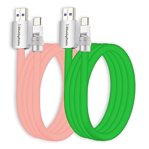 chubbycable Couple Chubby 2 Pack 120W USB C Cable Extra Thick Silicone Fast Charging Cable Compatible with iPhone 17-15 Series iPad Galaxy Series, Pink+Green, USB-A to Type-C, 6.6FT