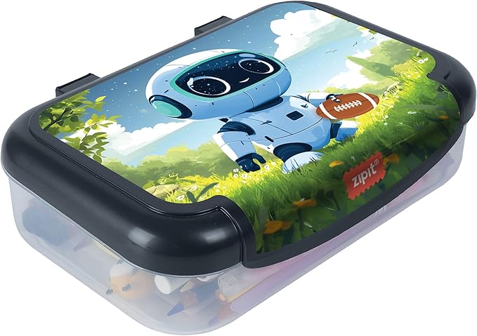 ZIPIT: Recycled Plastic Pencil Box - Robot - Large Capacity Case, Character & Football Themed, Stationery Organizer, School Supplies-Toys Holder, Kids
