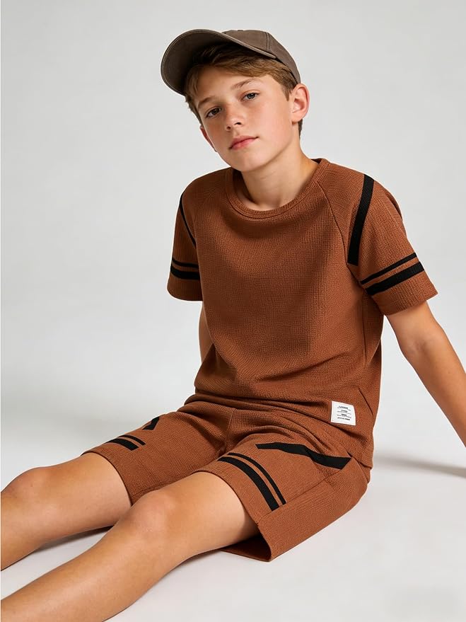 Cakaner Tween Boys Clothes Summer Simple Print T-Shirt And Shorts Set 2 Pieces Teen Trendy Outfits Size 7-14 Year