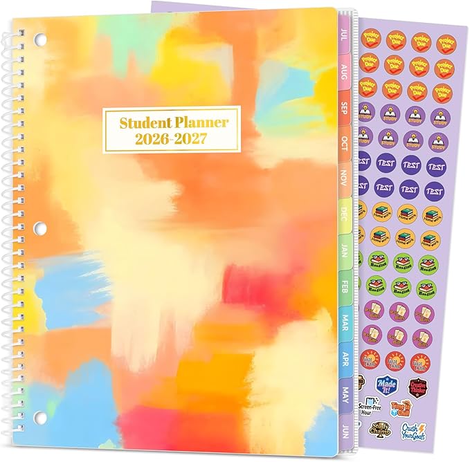 Student Planner 2026-2027, SUNEE Middle or High School Student Planner for Academic Year Jul. 2026 - Jun. 2027, 8.5"×11" Lesson Plan Book with 3-Hole Punched, Bookmark, Planning Stickers, Pastel Draw