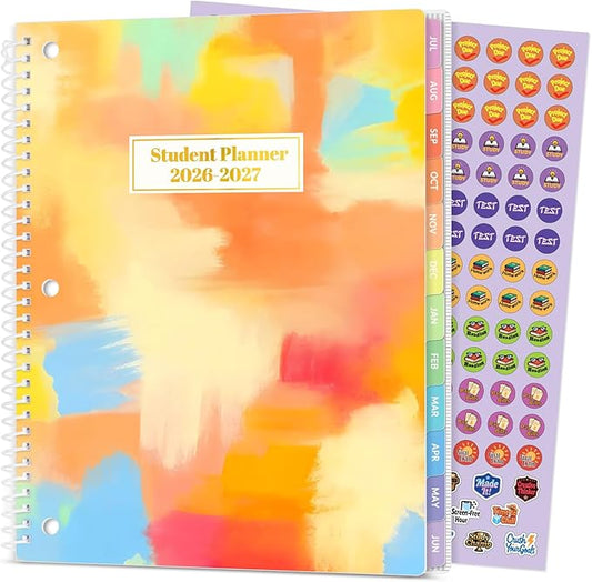 Student Planner 2026-2027, SUNEE Middle or High School Student Planner for Academic Year Jul. 2026 - Jun. 2027, 8.5"×11" Lesson Plan Book with 3-Hole Punched, Bookmark, Planning Stickers, Pastel Draw