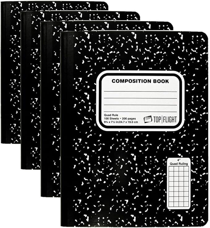 Top Flight Sewn Marble Composition Book, Black/White, Quad Rule, 4 Squares per Inch, 9.75 x 7.5 Inches, 100 Sheets (41320) (Pack of 4)