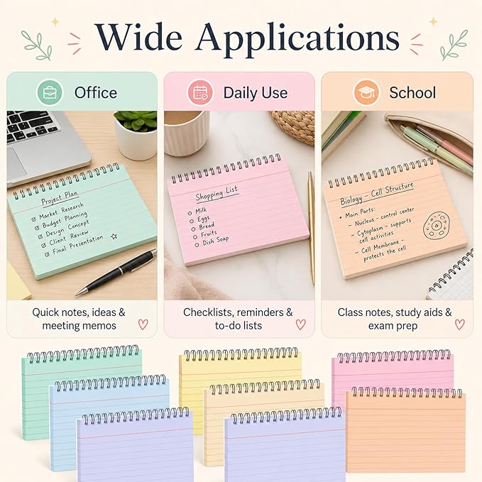 12 Packs Large Index Cards with Ring set 4x6 Colored College Ruled Notecards with Waterproof Covers Spiral Flashcards Spiral Index Card Set for Studying School Office Home Supplies(Pastel)