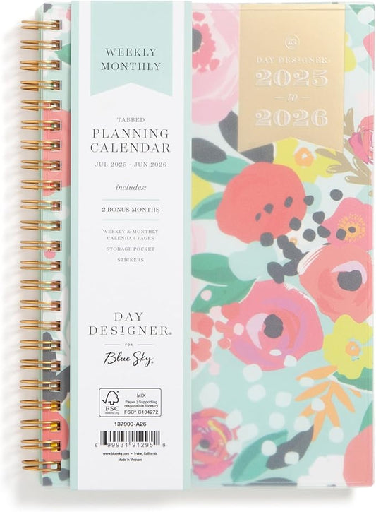 Blue Sky Day Designer 2025-2026 Weekly and Monthly Academic Year Planner Calendar, July 2025 - June 2026, 5" x 8", Flexible Cover, Laminated Tabs, Storage Pocket, Includes Stickers, Secret Garden Mint