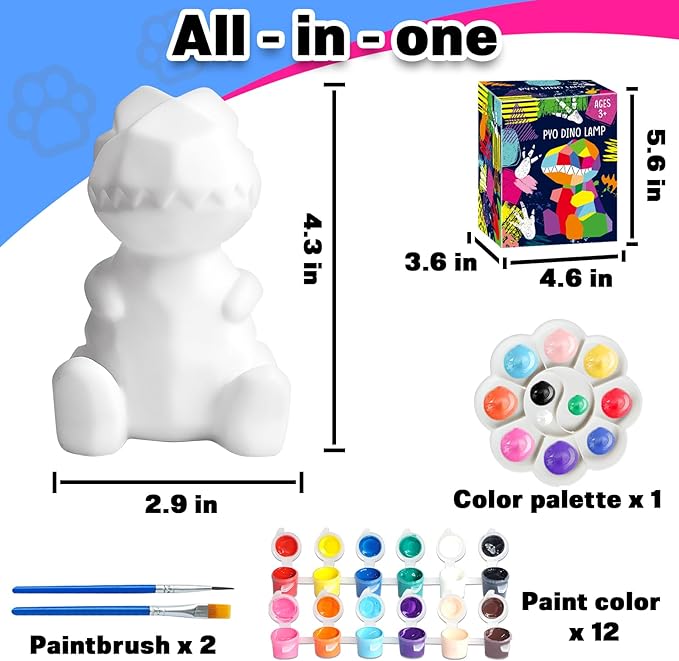FUNZBO 4.3in Paint Your Own Dinosaur Lamp Kit - Arts and Crafts Supplies Painting for Kids Teens, DIY Night Light Dinosaur Toy for Boy Girl 3 4 5 6 7 8 9 10 11 12 Birthday Gift