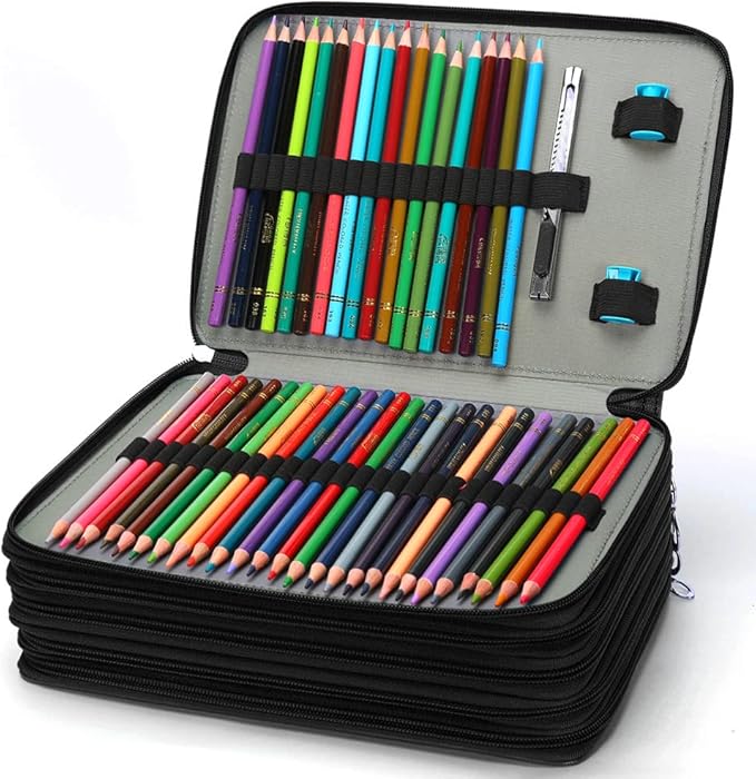 Vomgomfom 252 Slots Pencil Bag, 5-Layer Zipper Art Supply Organizer, PU Leather Portable Colored Pencil Case with Handle for 252 Watercolor Pens, Gel Pens (Black)