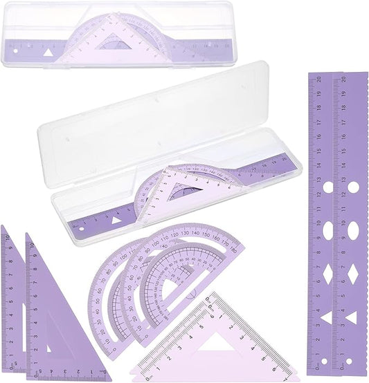 PATIKIL Geometry Set, 2 Pack 8 Inch Aluminum Ruler & 4 Triangles, Metal Protractor Ruler Math Drafting Measuring Tool for Home Office Math Drawing Engineering Art,Gradient Purple