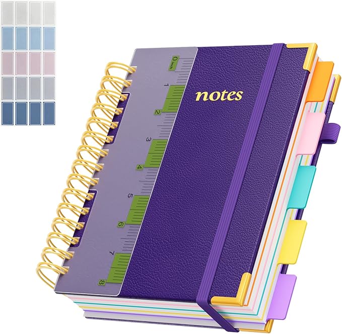 XYark A5 Hardcover Spiral Notebook, 6.3"x8.5" College Ruled Notebooks with Removable Dividers Tabs & Ruler, 5 Subject Notebook 300 Pages, Small Lined Journal for Women Men School Work Office, Purple
