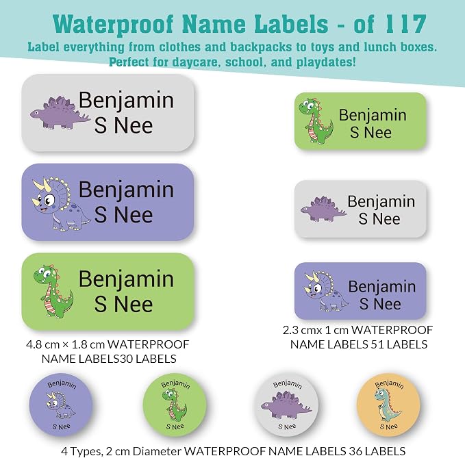 Personalized Daycare Name Labels for Kids (117 Labels) - Custom Durable Waterproof Name Stickers for Clothing Tags, Water Bottles, Lunch Boxes, and School Supplies - Dishwasher, Washer