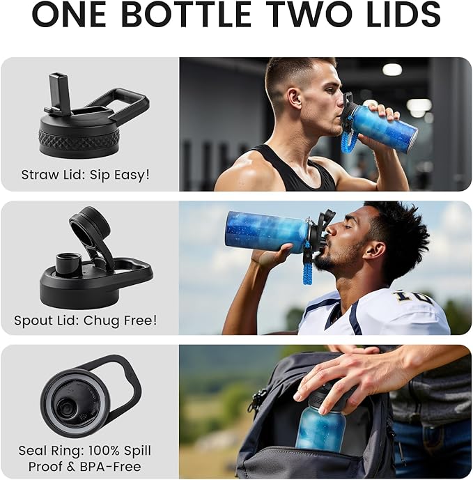 RAYMYLO Insulated Water Bottle 32 oz, Triple Wall Vacuum Stainless Steel (Cold for 24Hrs, Hot for 12Hrs), Leak Proof & Non-BPA, Modern Water Flask Jug with Paracord Handle & Straw Spout Lids